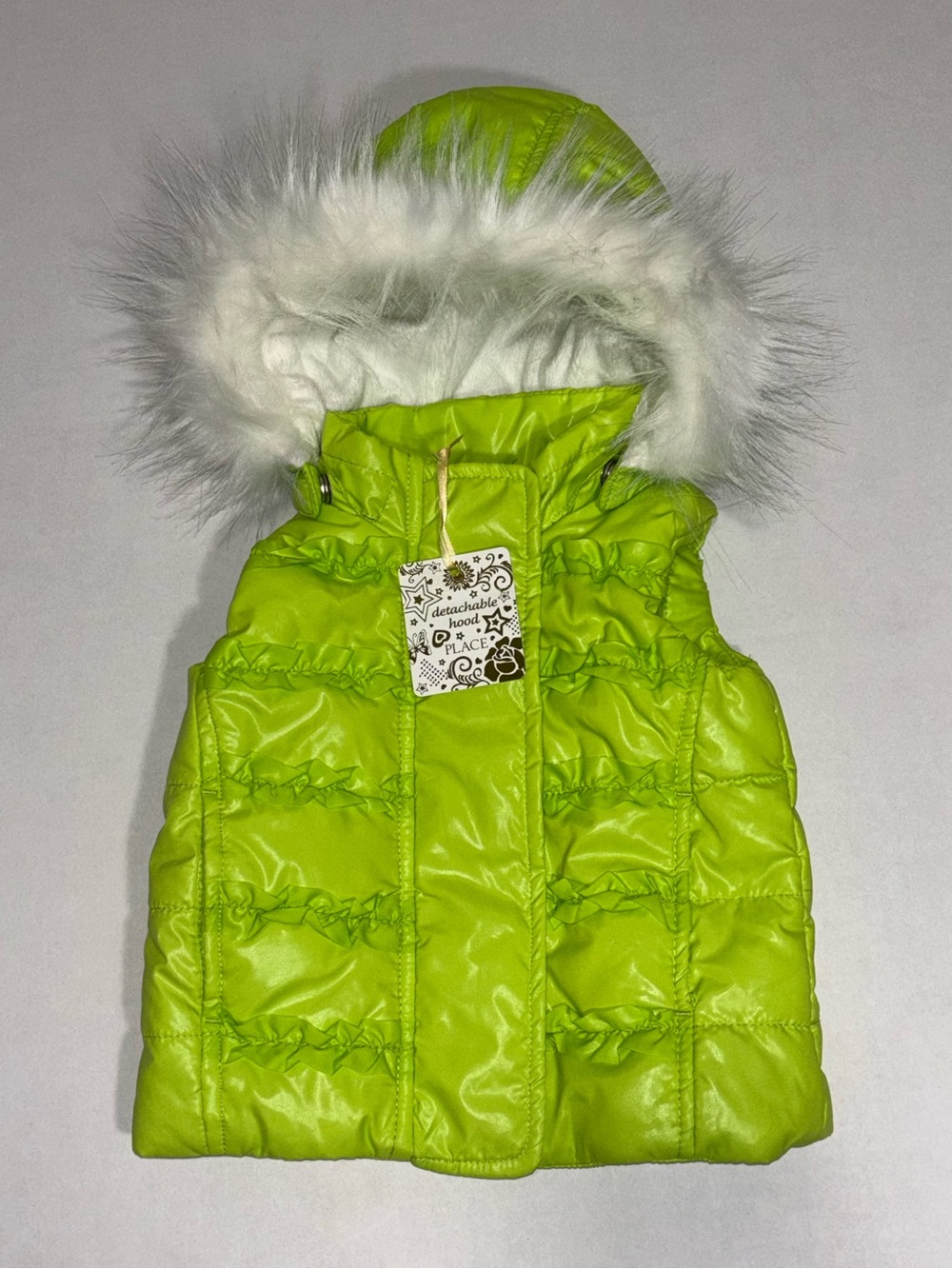 The Children's Place Lime Green Puffer Vest Detachable Hood Fur Trim Zip 6-9M